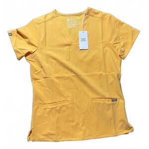 FIGS Technical Collection Scrub Top Mustard Yellow Short Sleeve V-Neck Nwt Small